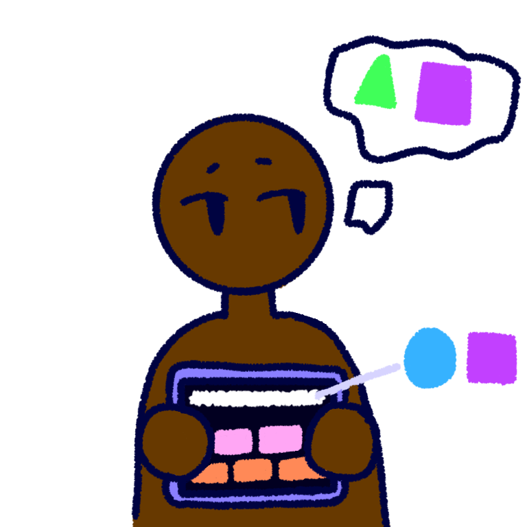  A dark skinned person holding an AAC device. They are thinking of a green triangle and a purple square, and the AAC is saying a blue circle and a purple square.